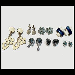 7-PAIR MIXED LOT OF CLIP-ON EARRINGS GOLD & SILVER TONE, BLUE, BLACK, CREAM SET